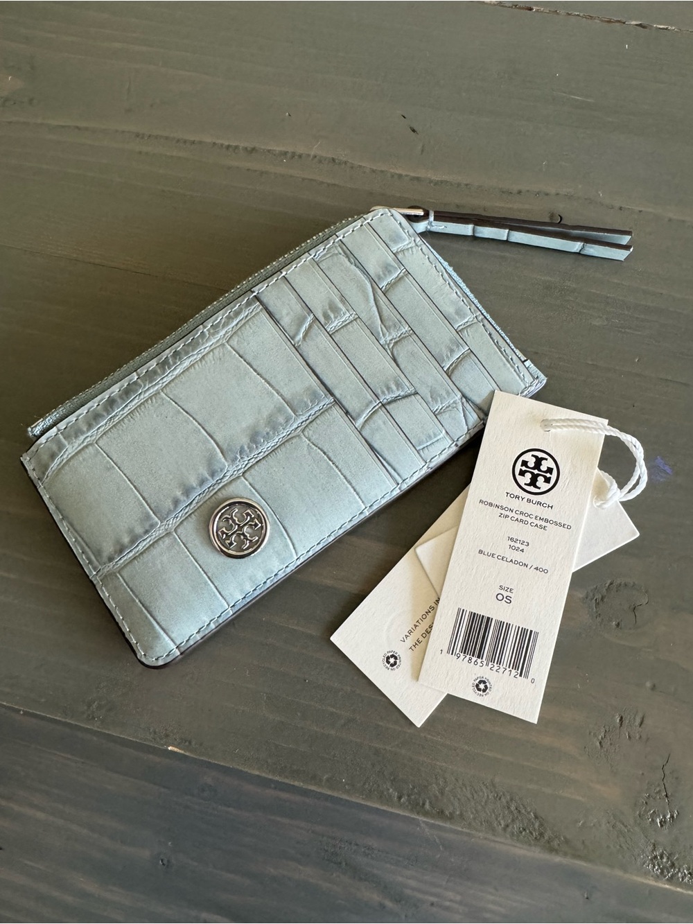 Tory Burch Pale Blue Croc-Embossed Zip Card Case